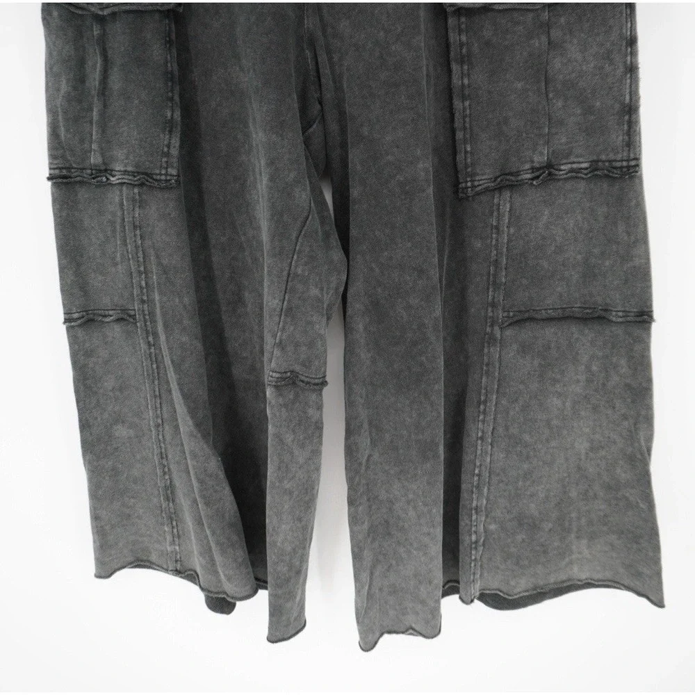 Easel Womens Utility Mineral Washed Wide Leg Terry Knit Cargo Pant Black Large - Picture 9 of 15